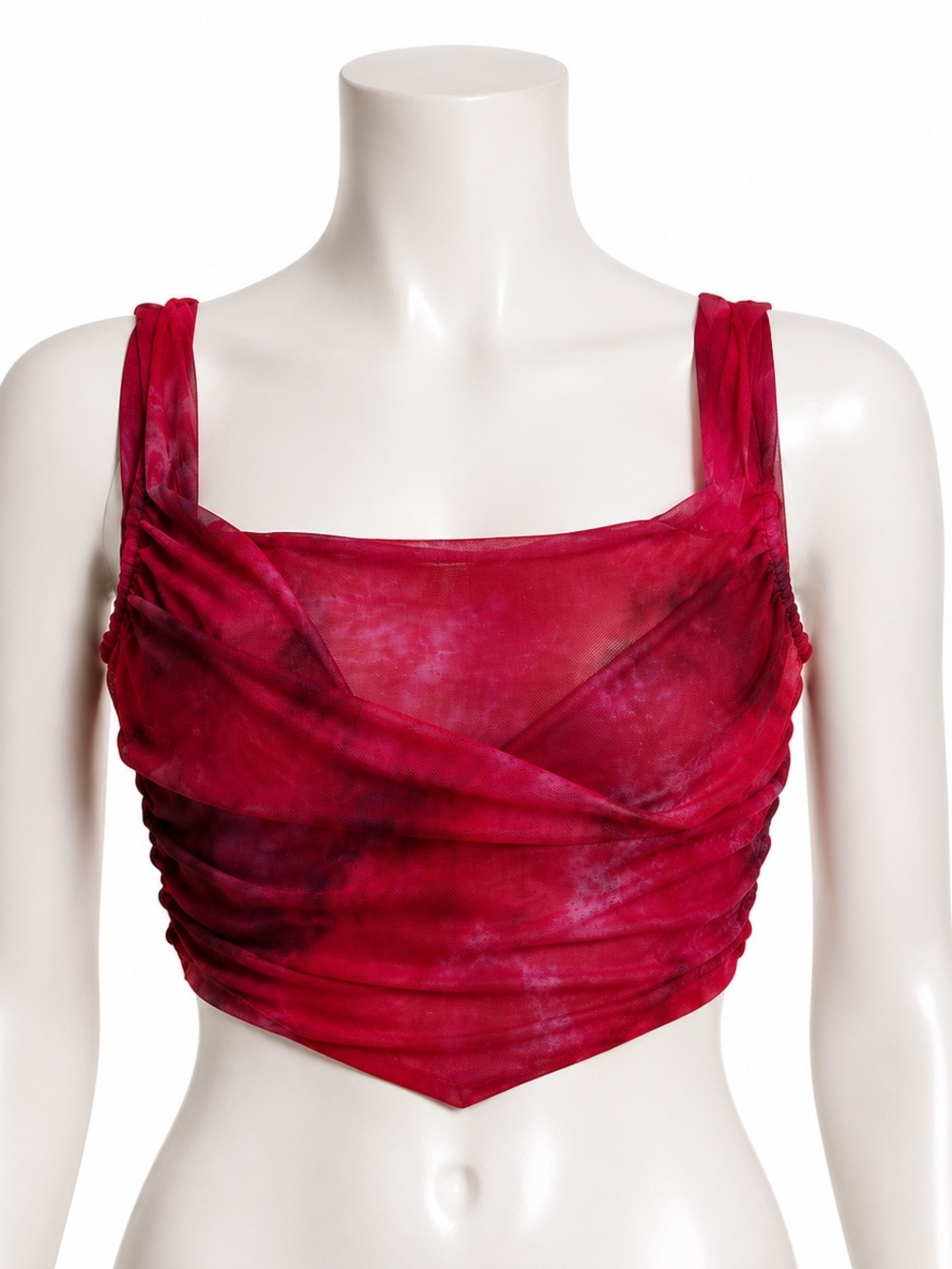 Cider Mesh Corset Top Red Pink Tie Dye Sheer Ruched Cami